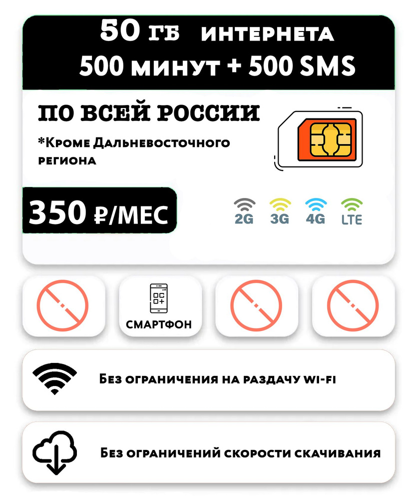 SIM-карта Миранда-медиа 500 минут + 50 гб интернета 3G/4G/LTE + 500 SMS за 350 руб/месяц (смартфоны) #1