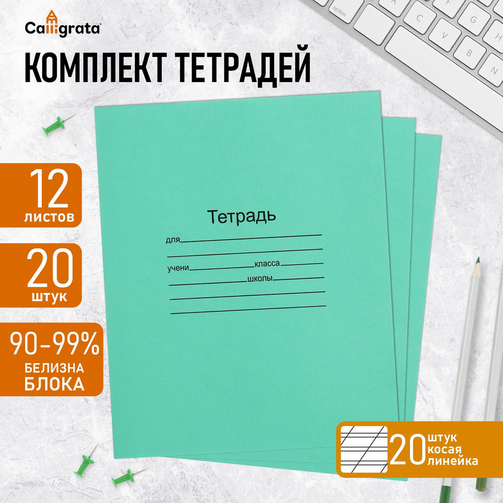 Комплект тетрадей из 20 штук, 12 листов в косую линию Маяк "Зелёная обложка", 60 г/м2, блок офсет, белизна #1