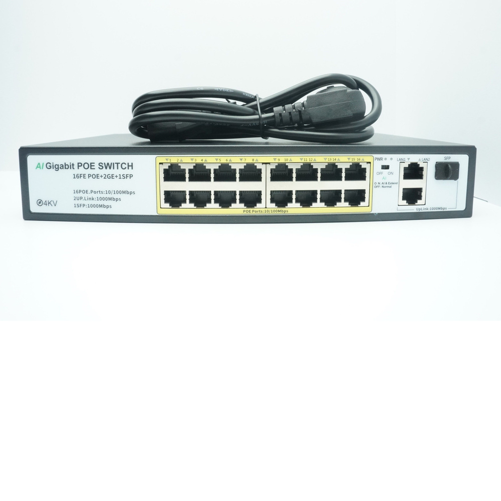 Коммутатор POE Switch Гигабитный (802.3af/at) 18 каналов (16 портов РоЕ + 2 порта Uрlink 1000мбит/с + #1