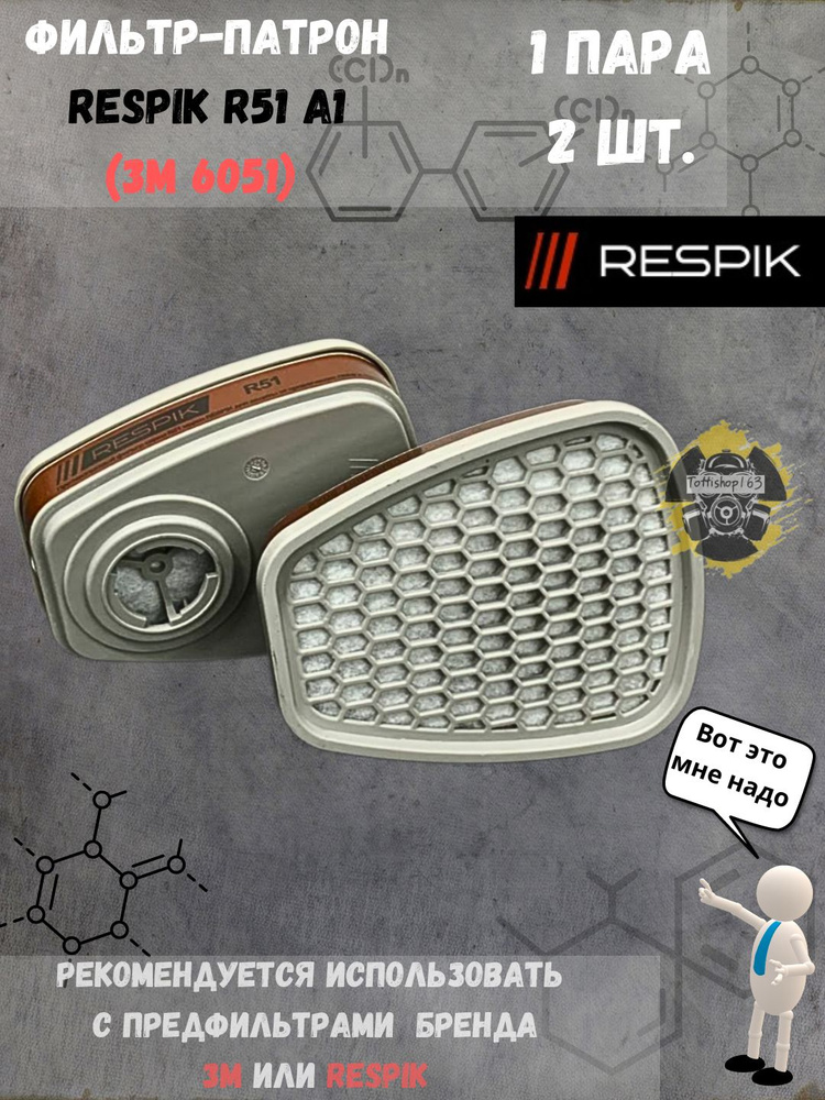 Фильтр для респиратора (патрон) Respik R51 A1 (3М 6051) / 1 комплект по 2 шт  #1