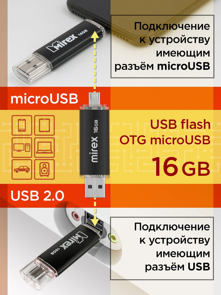 16 ГБ USB-microUSB Флеш-накопитель Mirex Smart Black / флешка для смартфона / с двойным разъёмом  #1