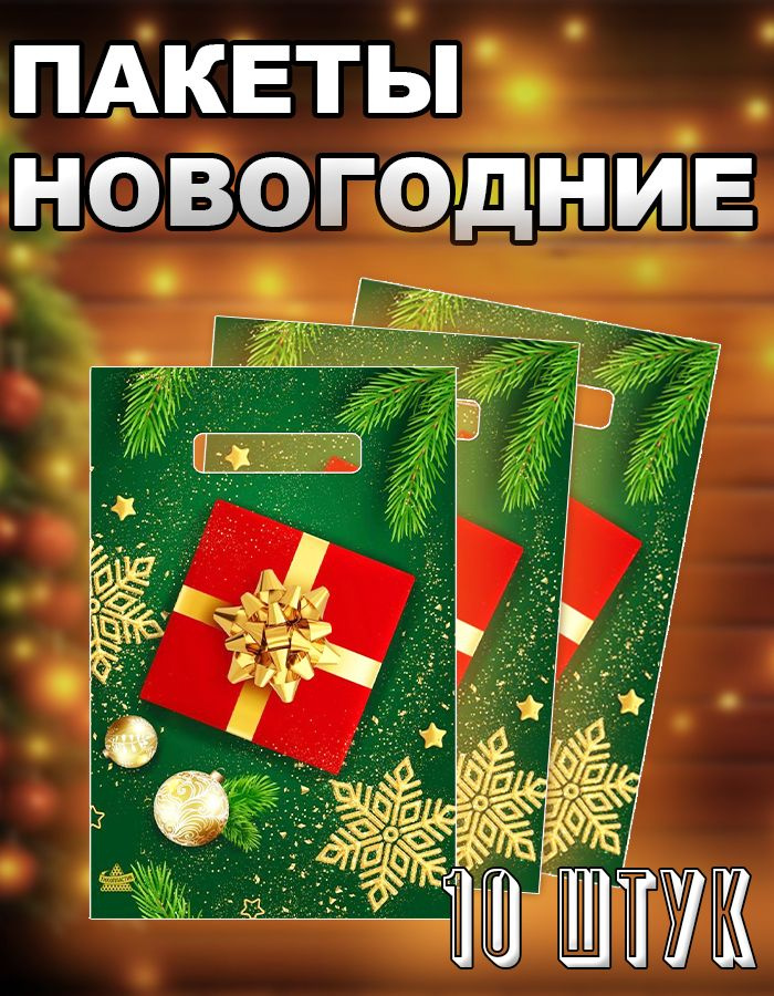 Набор новогодних пакетов / "Новогодний подарок" / 20х30 см, 25 мкм, 10 шт  #1