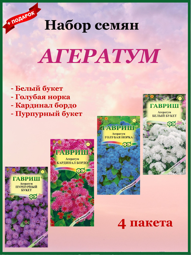 Семена Агератума Набор 4 шт. (Гавриш) Белый, Бордовый, Пурпурный, Темно-голубой  #1