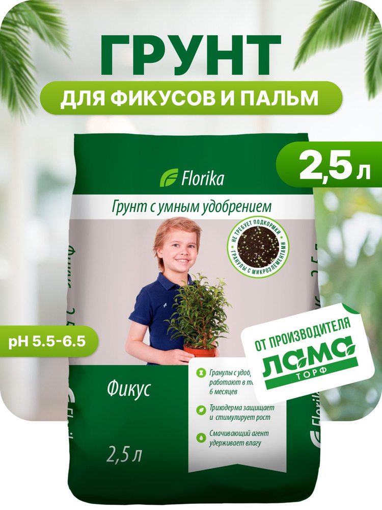 Florika / Цветочный грунт для комнатных растений / Земля для фикуса и пальм, с удобрением 2,5 л  #1