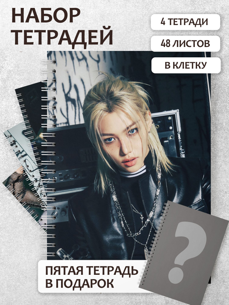 Набор тетрадей в клетку "Stray Kids #002", 4 шт + 1 в подарок #1