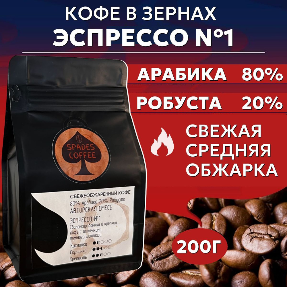 Кофе в зернах 200г смесь Эспрессо №1 Арабика 80% Бразилия, Робуста 20% Вьетнам, свежеобжаренный, натуральный, #1