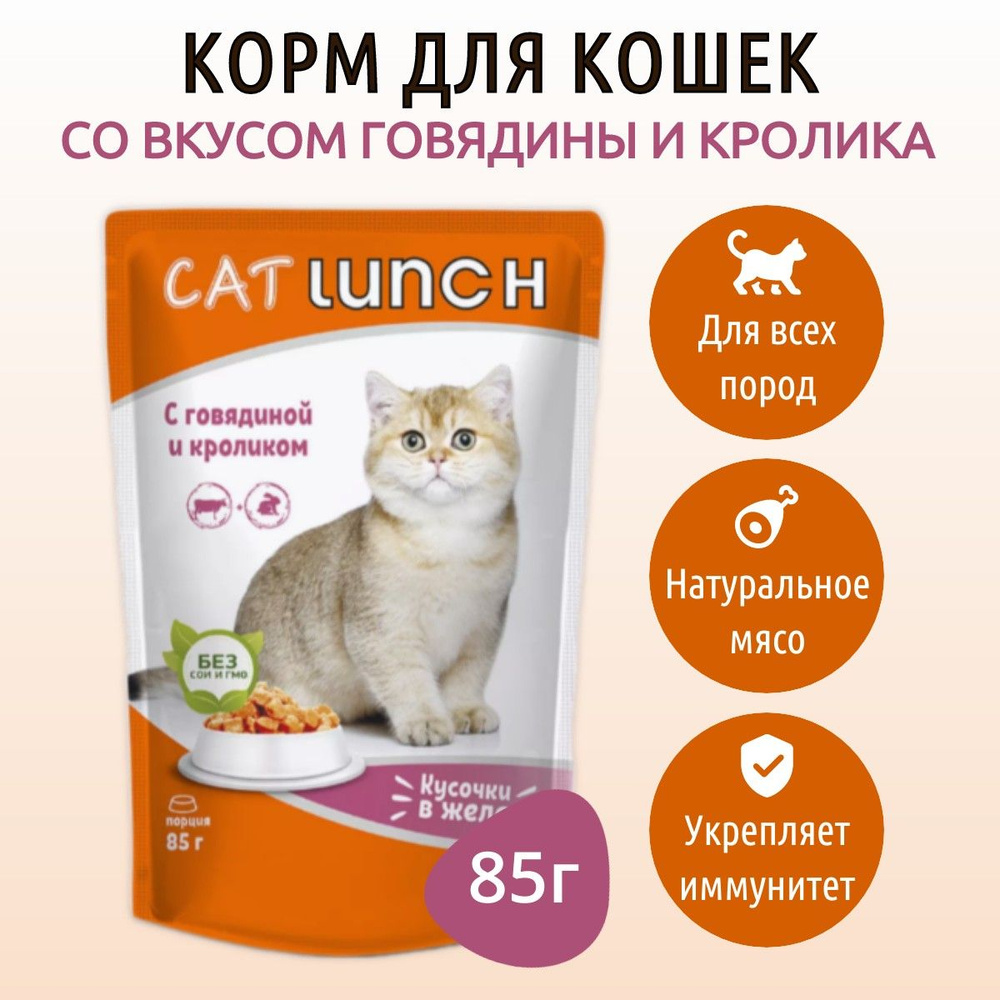 Влажный корм CAT LUNCH 85 г для кошек Говядина и кролик кусочки в желе, в пауче  #1