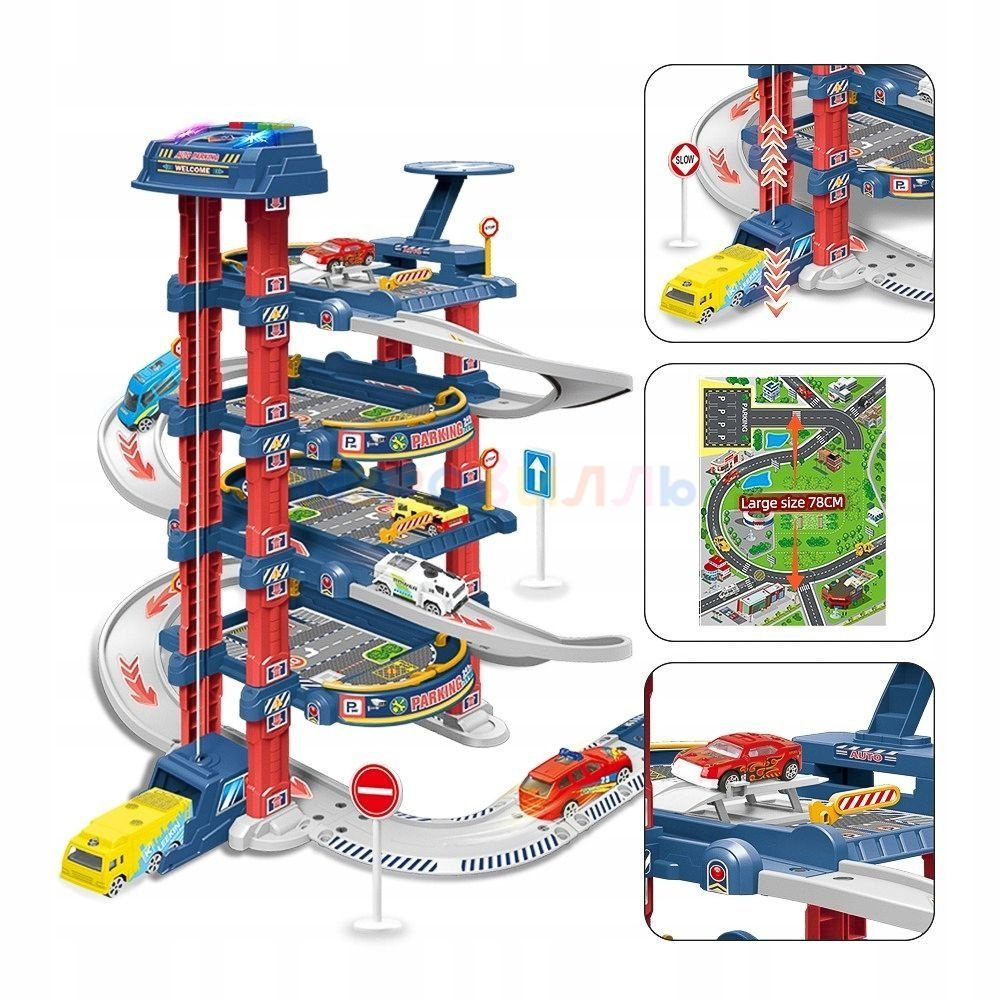 Парковка для машинок с лифтом,ковриком,машинками и вертолетом 4 этажа 78 элементов  #1