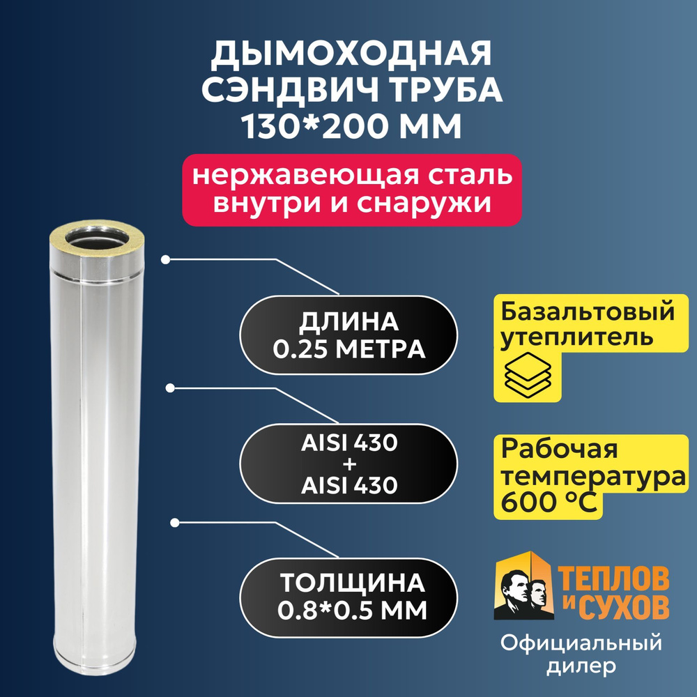 Сэндвич труба для дымохода 130x200 мм AISI 430 (0,8 мм)/AISI 430 (0,5 мм) нержавейка утепленная 0.25 #1