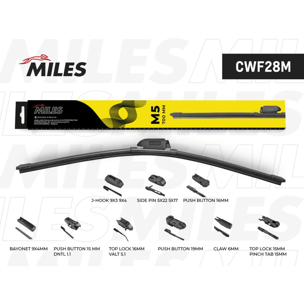 Щетка стеклоочистителя бескаркасная MILES 28"/700 мм M5 9 переходников MILES CWF28M, oem 7M3998002A  #1