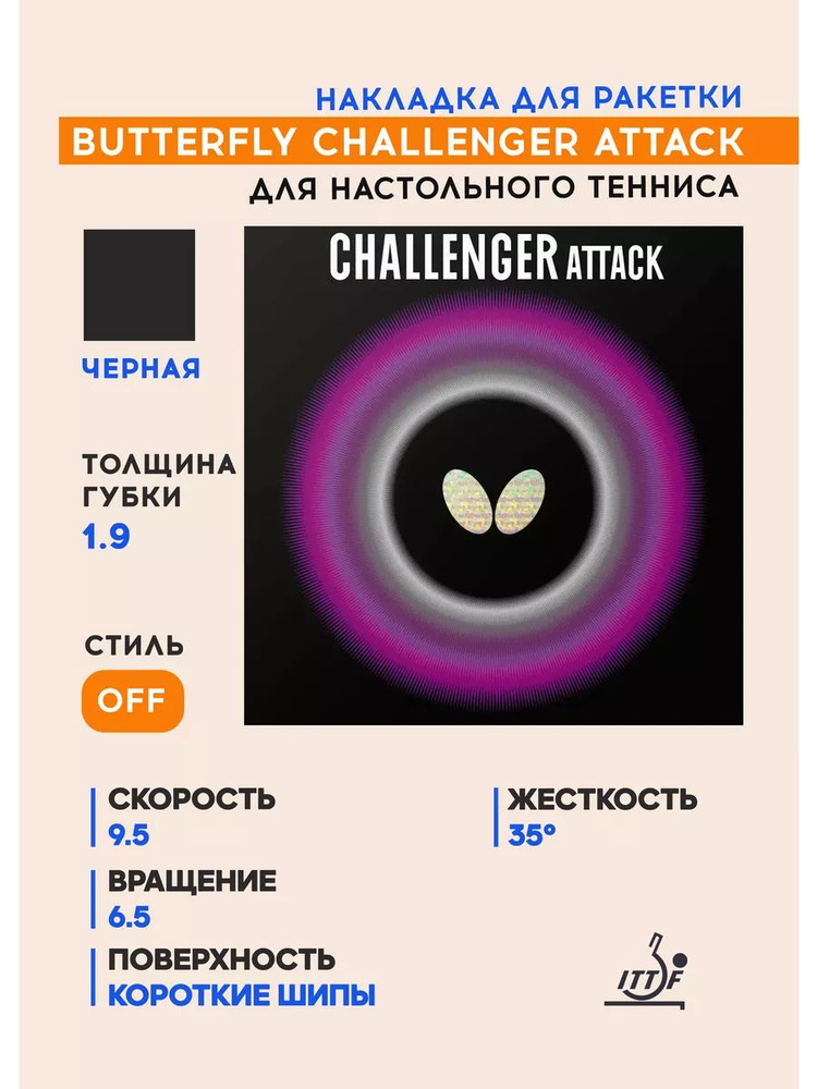 Накладка для ракетки настольного тенниса Challenger Attack (цвет черный, толщина 1.9)  #1