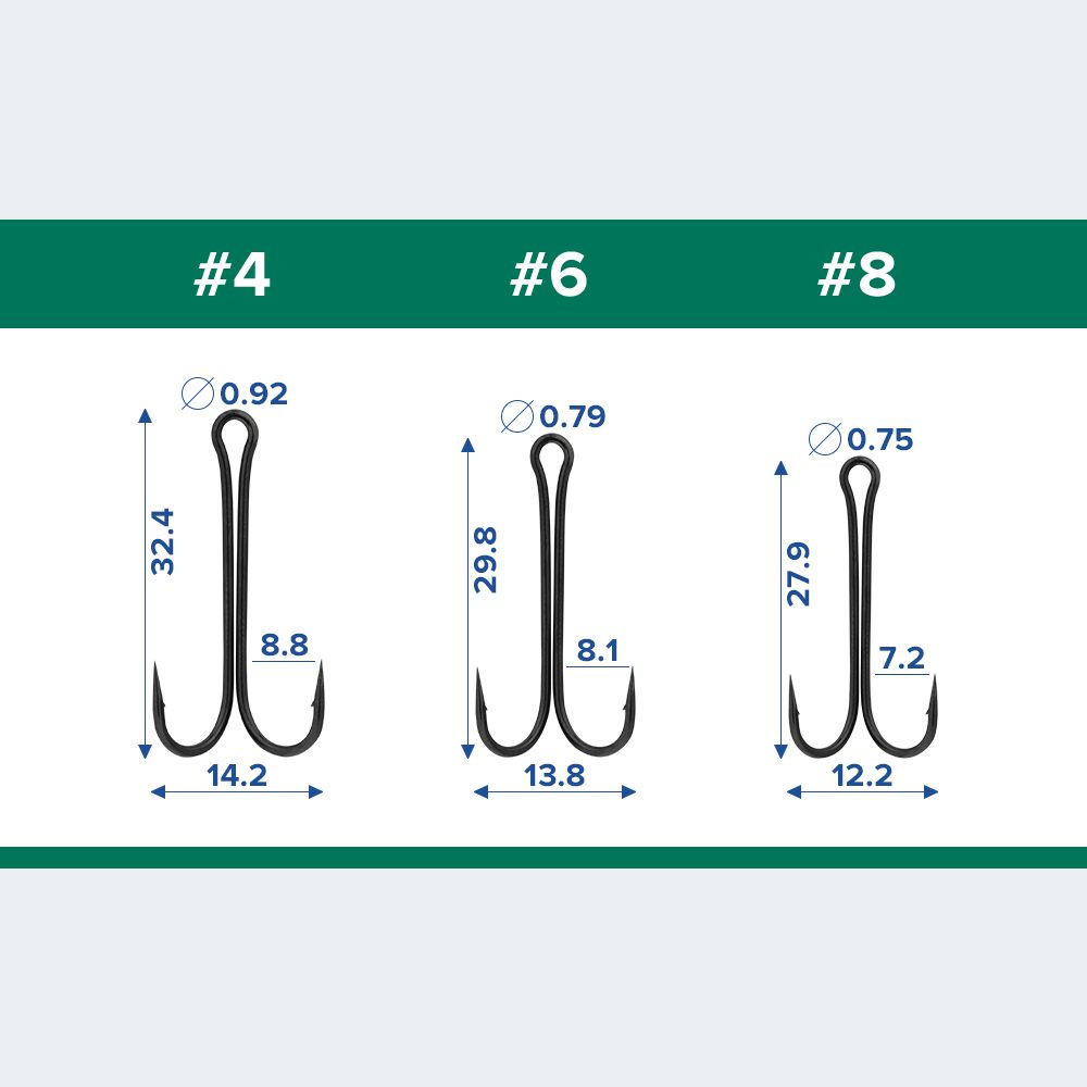 Размеры двойников для рыбалки с удлиненным цевьем Double Hook Long