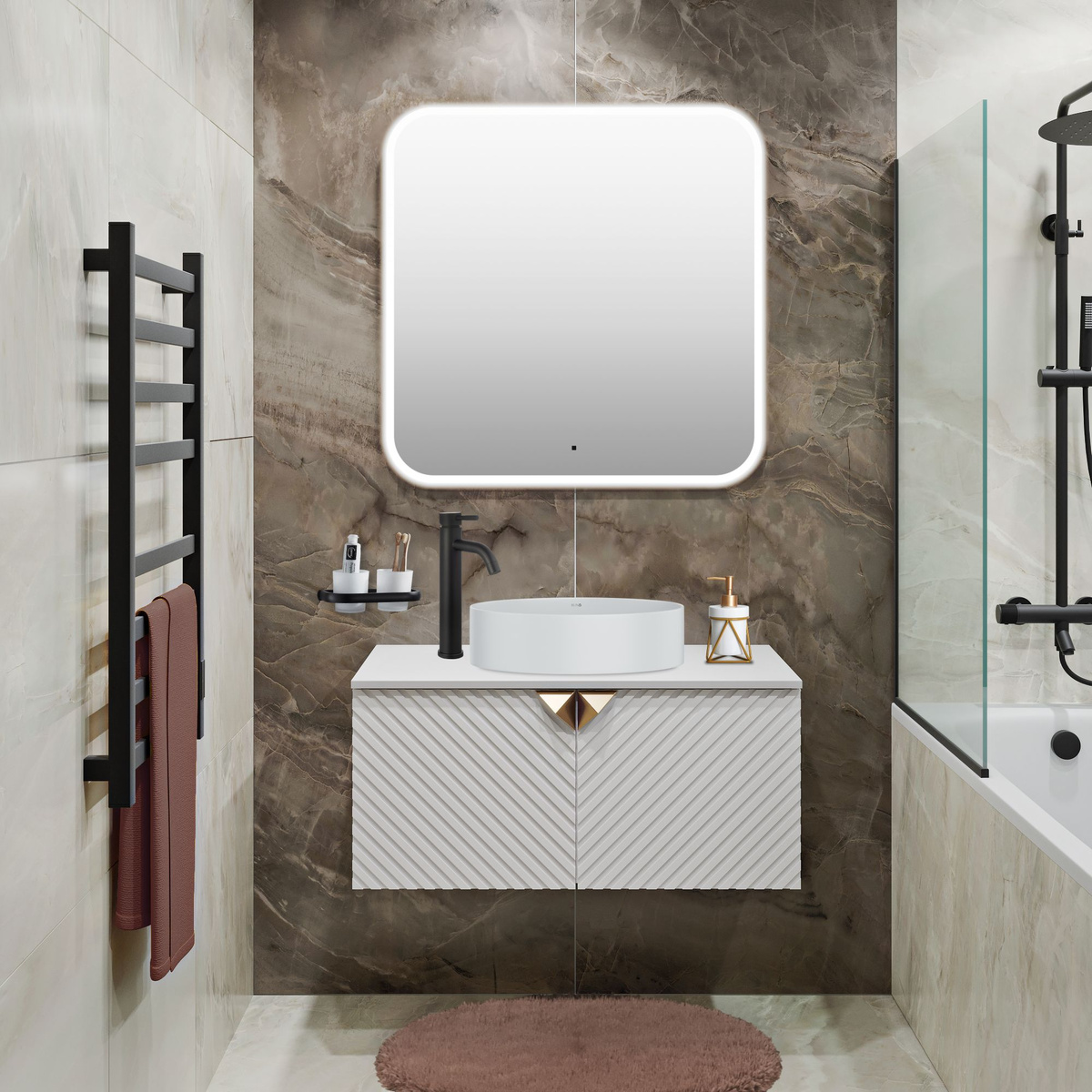 Мебель для ванной Runo Андорра 85, белый, раковина Sole, зеркало Руан 80*80