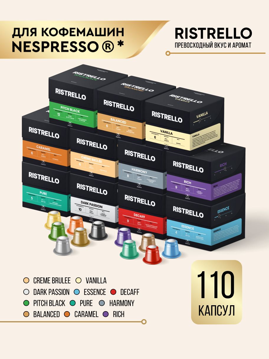 КофевкапсулахнаборRistrelloВСЕВКУСЫдлякофемашиныNespressoАрабикаРобустаразнойобжарки11упаковок110капсул