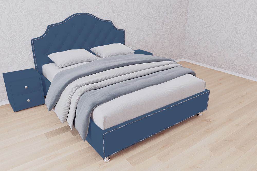 Двуспальная кровать Мария с кареткой 200x200 основание металлическое с ламелями велюр синий ножки 13 #1