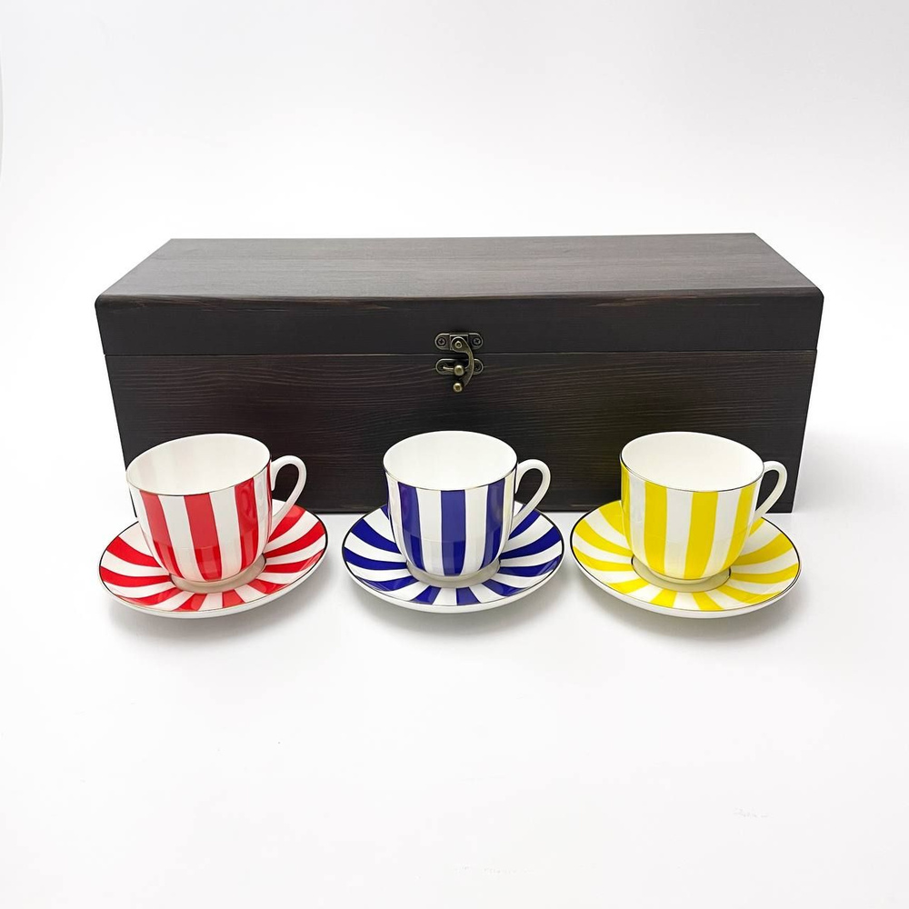 Подарочный кофейный набор "Да и Нет"(синяя, красная, желтая) в деревянной шкатулке на 3 персоны, форма #1