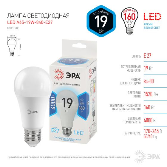 ЭРА Лампочка светодиодная STD LED A65, Нейтральный белый свет, E27, 19 Вт, 1 шт.  #1