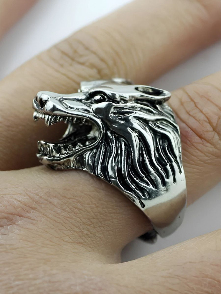 Кольцо перстень волк, черненое серебро, безразмерное, незамкнутое  #1