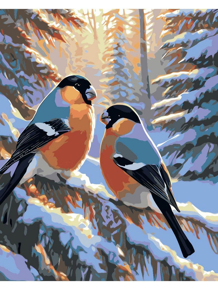 Картина по номерам снегири на холсте с деревянным подрамником размер 40х50, акриловые краски, кисточки, #1