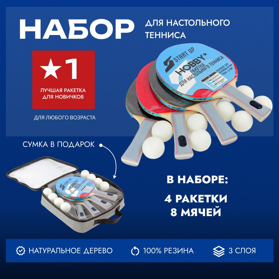 Набор для настольного тенниса (4 ракетки, 8 шар) Start Up 1 star #1