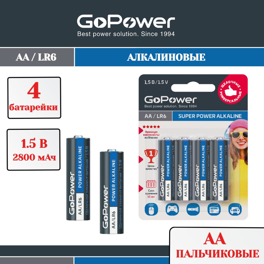 Батарейки GoPower LR6 AA BL4 Alkaline 1.5V (пальчиковая) - 4 шт. #1