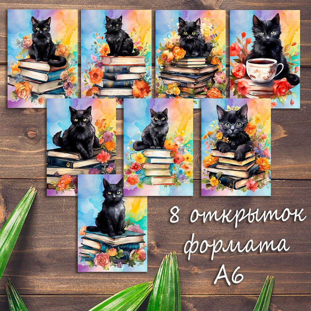 Большой набор открыток Чёрный кот и книги, 8 штук #1