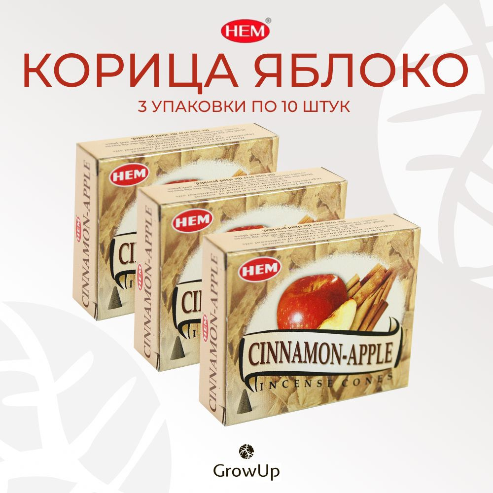 HEM Корица Яблоко - 3 упаковки по 10 шт - ароматические благовония, конусовидные, конусы с подставкой, #1