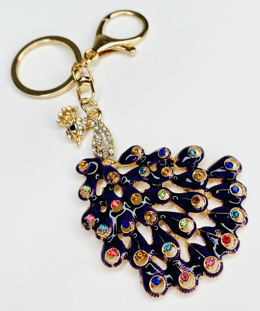Брелок с карабином для ключей для сумки, большой золотой брелок с камнями, золотой павлин с фиолетовым #1