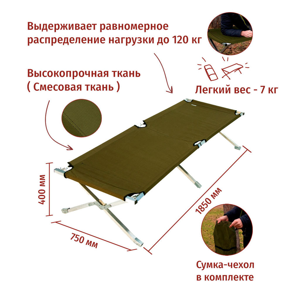 Туристическая раскладушка 1850х750х400 мм. Алюминиевая. #1