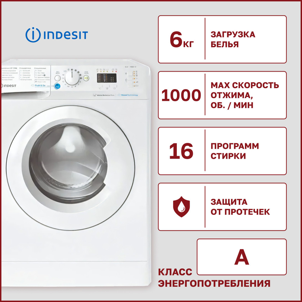 Стиральная машина Indesit BWSA 61051WWV белая на 6 кг, 1000 об/мин, 16 программ, обработка паром, дополнительное #1