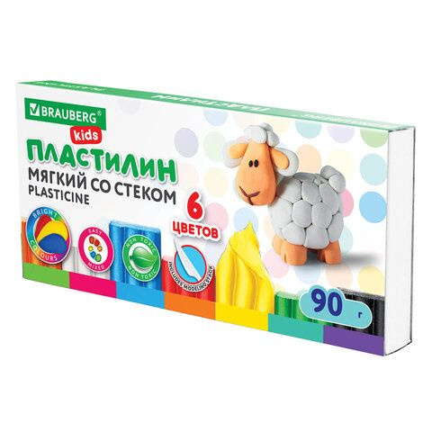 Пластилин мягкий восковой Brauberg Kids, 6 цветов, 90 г, со стеком  #1