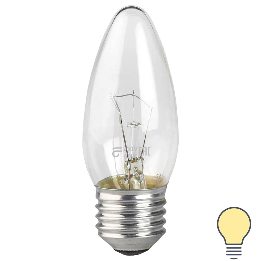 Лампа накаливания E27 230 В 60 Вт свеча прозрачная 660 лм, тёплый белый свет  #1