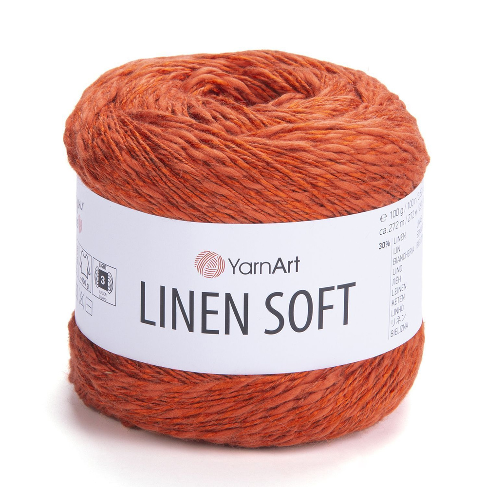 Пряжа Linen soft YarnArt - 7310 (оранжевый), 30% лен, 36% вискоза, 34% хлопок, (100г, 272м) нитки для #1