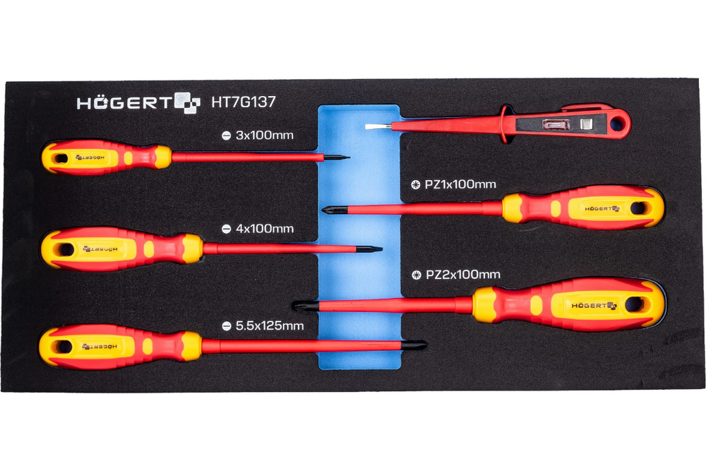 Набор диэлектрических отверток HOEGERT TECHNIK 1000V и индикатор напряжения 6 шт., ложемент HT7G137  #1