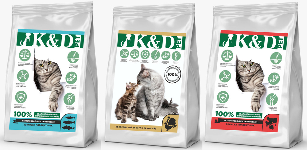 K&D pet Ассорти из 3 Вкусов Беззерновой сухой корм для кошек в наборе 3шт*2кг  #1