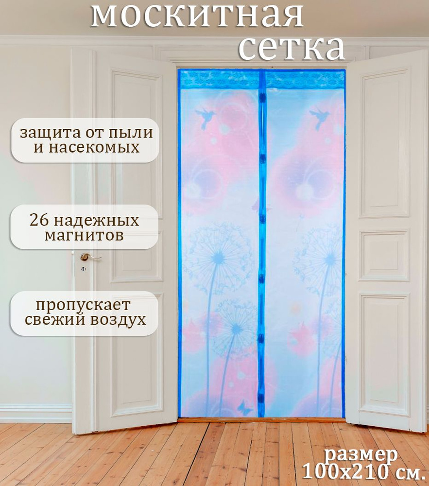 Москитная сетка на дверь на магнитах 100х210 см. / Антимоскитная сетка на дверь, голубой узор TH108-119 #1