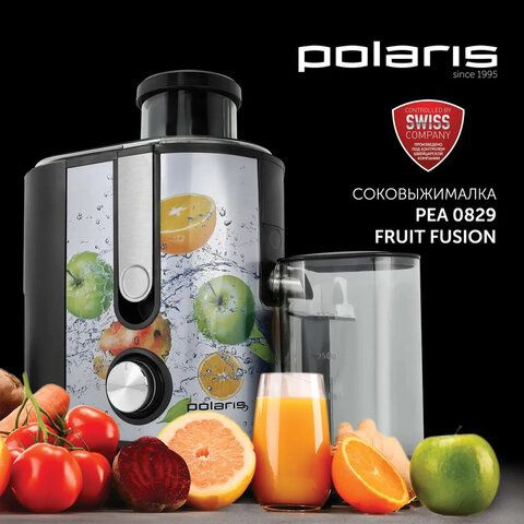 Соковыжималка POLARIS PEA 0829 Fruit Fusion, 800 Вт, стакан 0,35 л, емкость жмыха 1 л, пластик, сталь/черный, #1