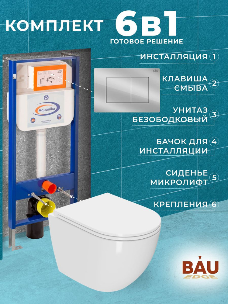 Комплект BAU 6 в 1: инсталляция BAU Aquanika, унитаз подвесной безободковый Bau Dream 49,5х36, сиденье #1