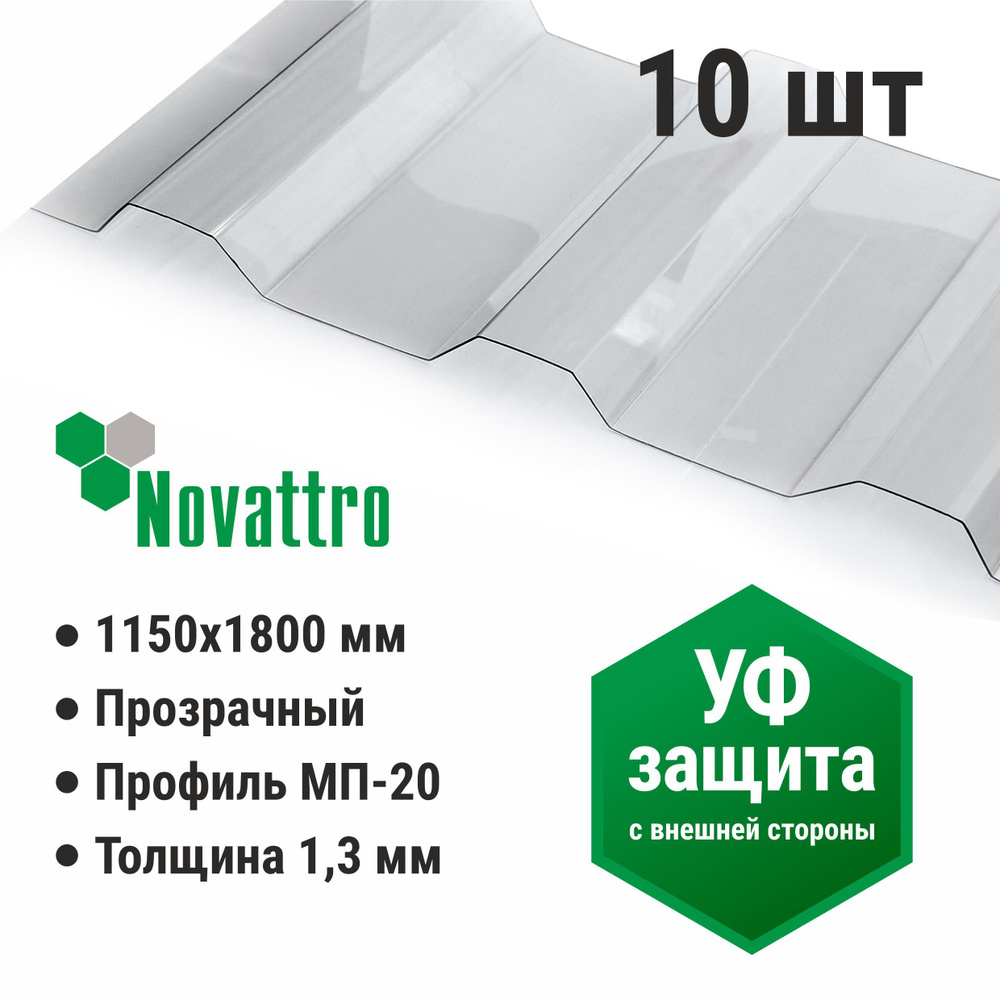 Профилированный монолитный поликарбонат МП/С 20 Novattro 1.3 мм, 1800х1150мм, прозрачный, 10 шт.  #1