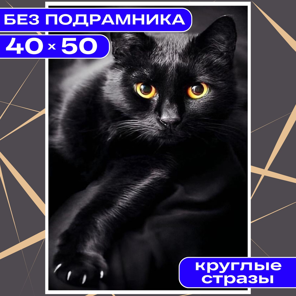 Алмазная мозаика 40*50 (36*46) БЕЗ ПОДРАМНИКА большая BILMANI "Черный кот. Животные", алмазная картина #1