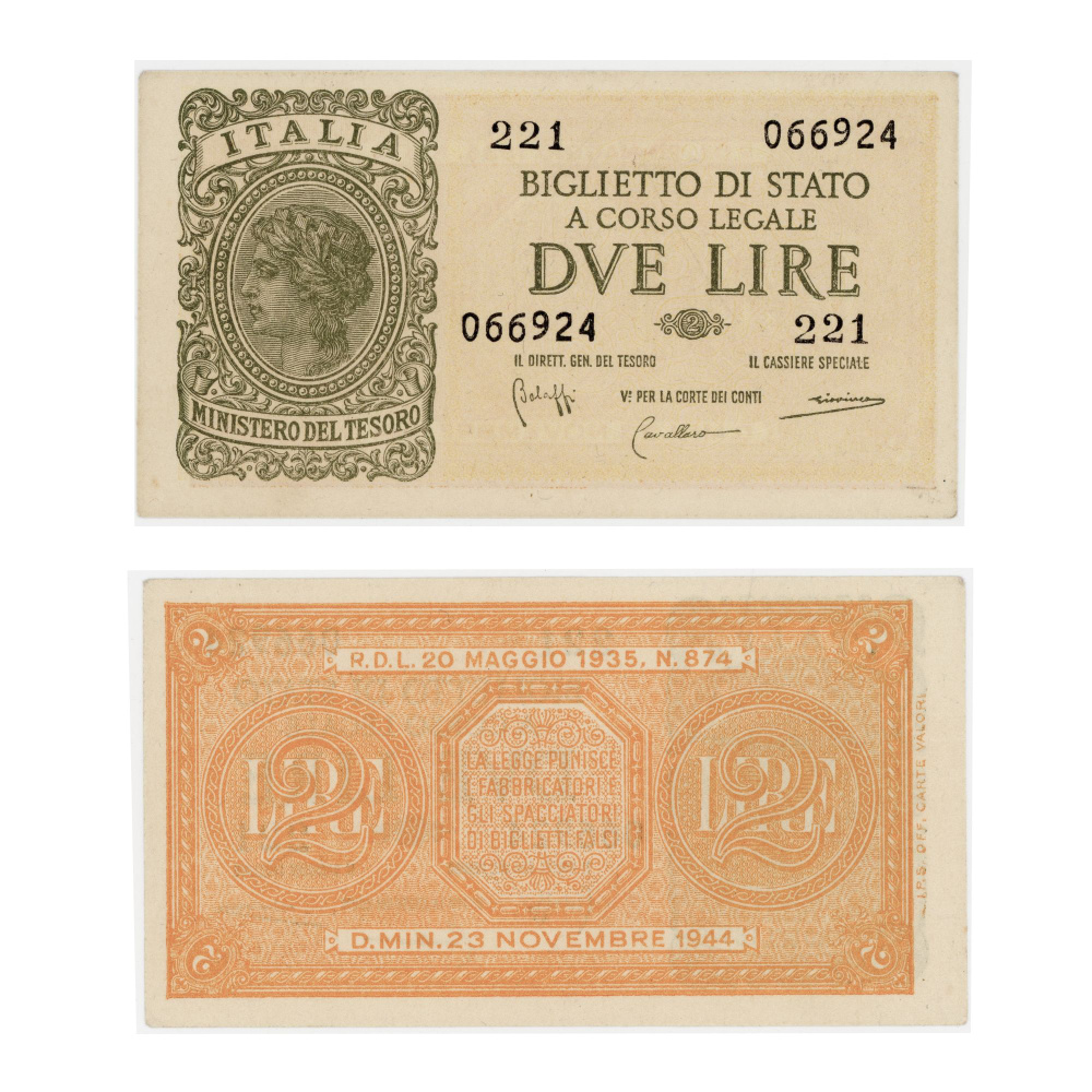 Банкнота Италия 2 лиры DVE LIRE 1944 год About Uncirculated (aUNC) Pick 30 #1