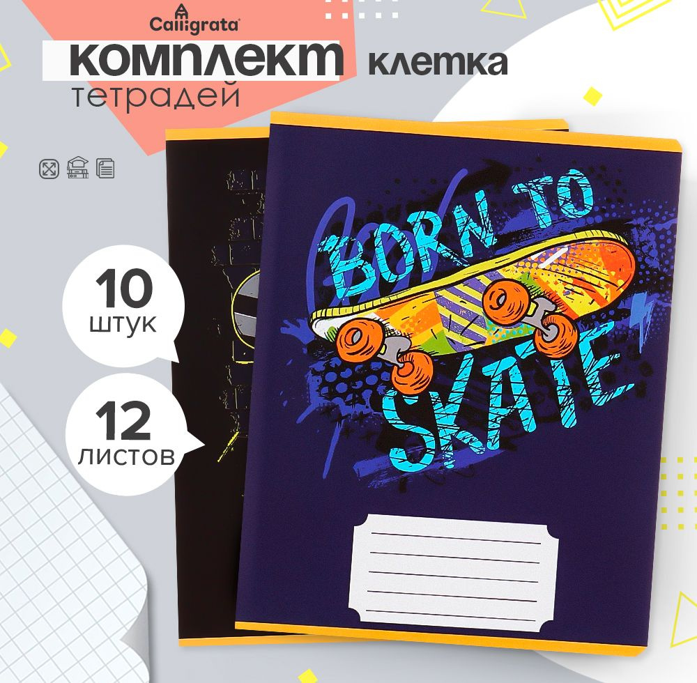 Комплект тетрадей из 10 штук, 12 листов, в клетку SkateBoard, обложка мелованный картон, белые листы #1