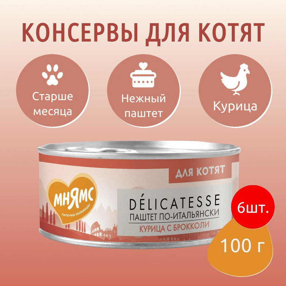 Влажный корм Мнямс 600г (6 упаковок по 100 грамм) Курица с брокколи для котят старше 1 месяца "Паштет #1