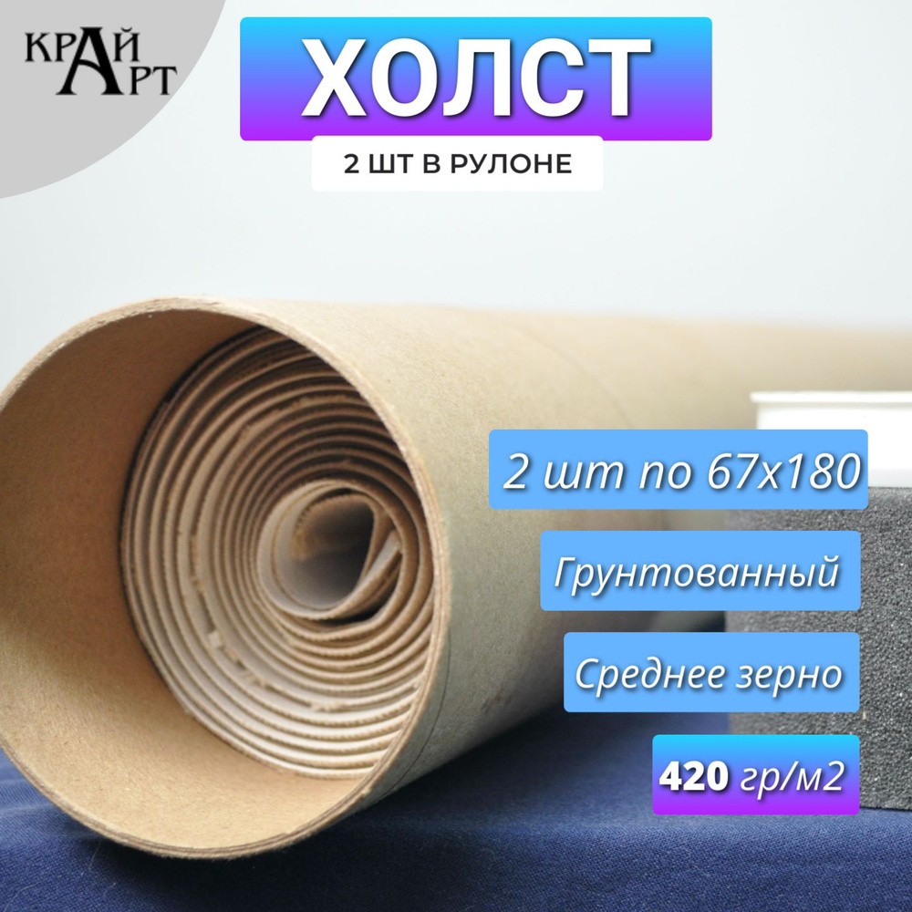 Холст в рулоне, среднее зерно 67х180 см, 2шт, 420г/м2, грунтованный.  #1