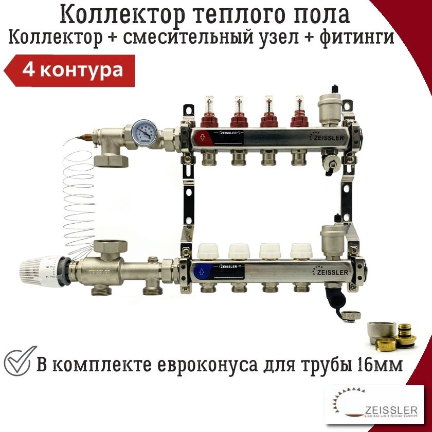 Комплект для водяного теплого пола без насоса до 70 кв/м ZEISSLER, коллекторная группа 4 выхода с расходомерами #1