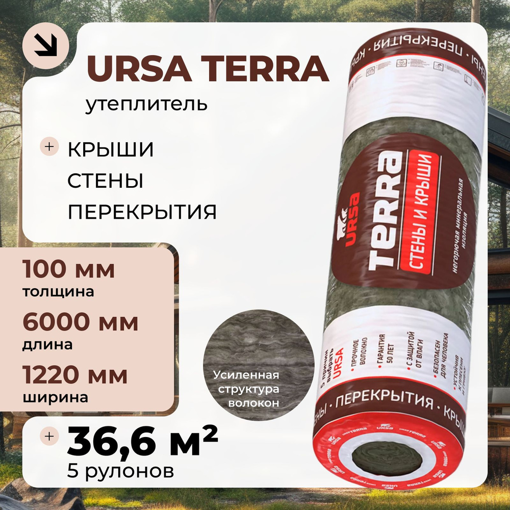 Утеплитель рулонный URSA Terra Стены и крыши 5 рулонов, 36.6 м2 для утепления мансард, стен, скатных #1