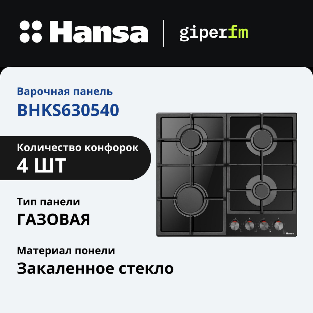 Газовая варочная панель Hansa BHKS630540, встраиваемая, 60 см, газ-контроль и автоподжиг, чугунные решетки, #1