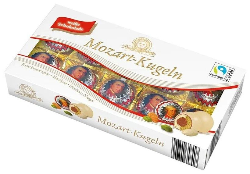 Шоколадные конфеты из белого шоколада MOZART Kugeln с марципановой начинкой Maitre Truffout (Австрия) #1