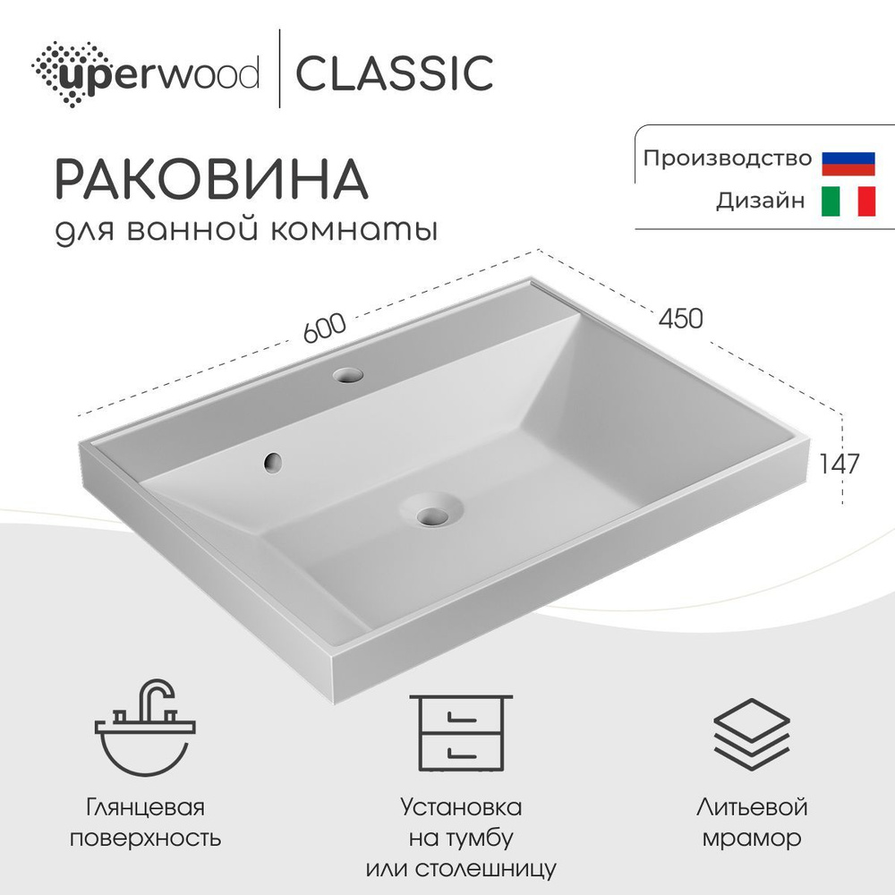 Раковина для ванной Uperwood Classic 60х45х14,7 см, белая глянцевая  #1