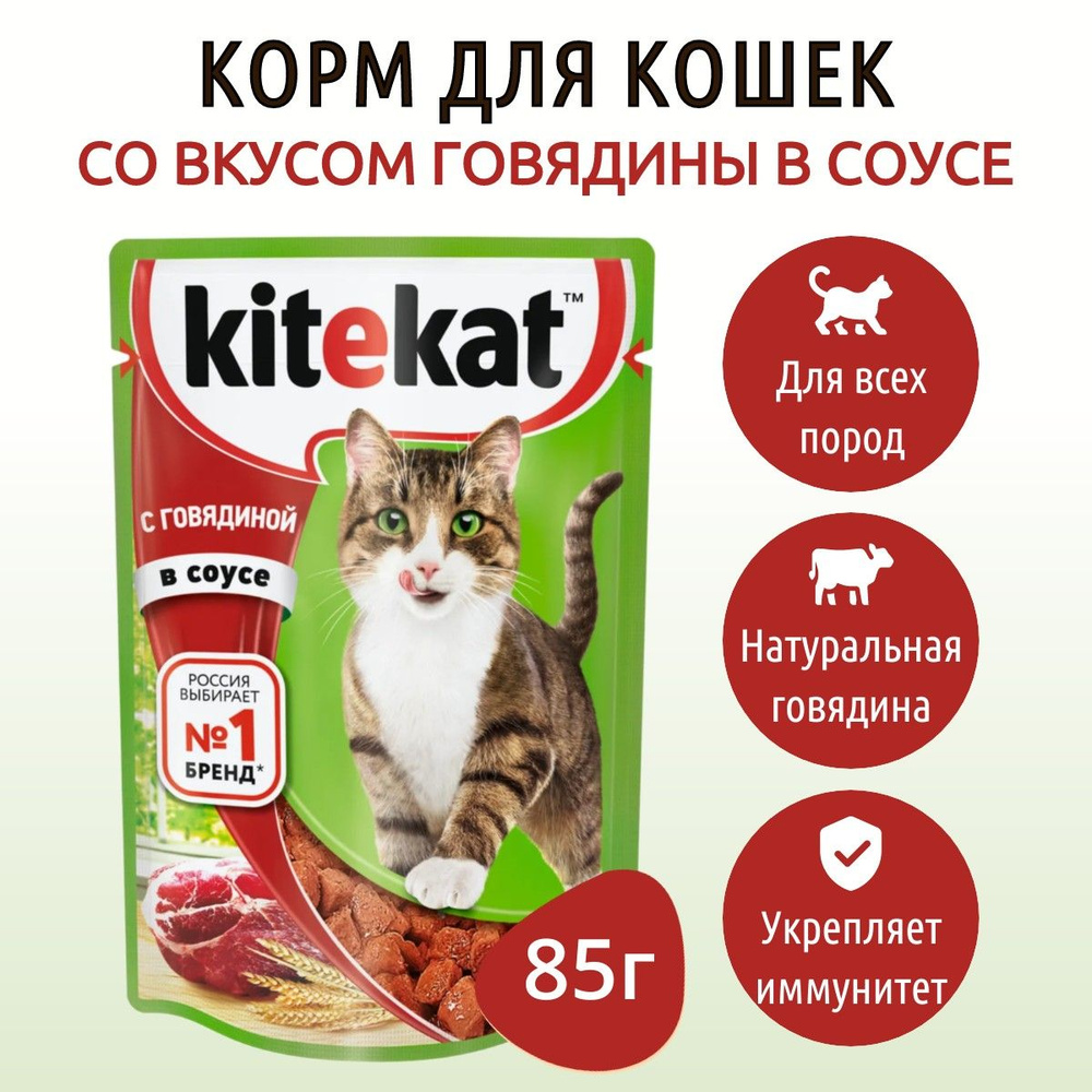 Влажный корм Kitekat 85 г для кошек Говядина в соусе, в пауче  #1